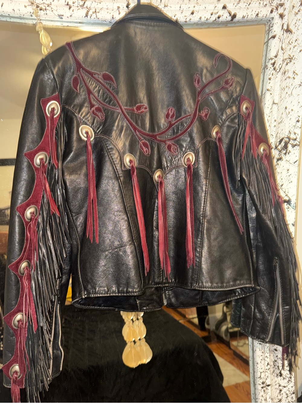 Harley-Davidson Black Leather Jacket with Burgundy Fringe and Embroidery